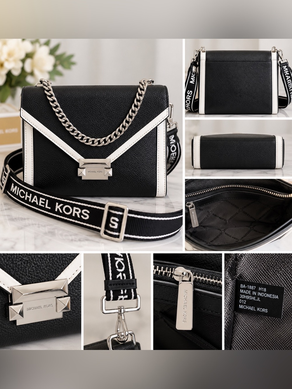 Michael Kors Whitney Black & White Leather Shoulder Crossbody Bag Logo Strap Cha